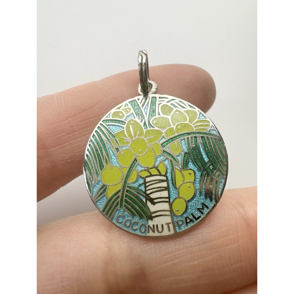 Vintage Sterling Silver Enamel Coconut Palm Charm Spring Color